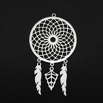 201 Stainless Steel Big Pendants, Laser Cut, Woven Net/Web with Feather, Stainless Steel Color, 64x35x1mm, Hole: 1.6mm