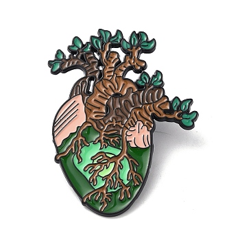 Organ Tree Heart Shape Alloy Brooches, Enamel Lapel Pin, with Iron Butterfly Clutches or Rubber Clutches, Brown, 45x35.5mm