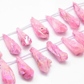 Electroplated Natural Quartz Crystal Beads Strands, Top Drilled Beads, Dyed, Teardrop, Pearl Pink, 27~34x8~12x5~9mm, Hole: 1.5mm, about 22pcs/strand, 14.3 inch