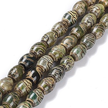 Tibetan Style dZi Beads Strands, Natural Agate Beads, Dyed & Heated, Oval, Lotus Pattern, 13~14x9.5~10mm, Hole: 1.2mm, about 25pcs/strand, 13.39''(34cm)