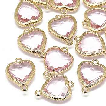 Glass Links connectors, with Golden Tone Brass Findings, Faceted, Heart, Pink, 15x10x3mm, Hole: 1mm