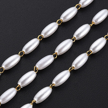 304 Stainless Steel & ABS Plastic Imitation Pearl Beaded Chains, Soldered, with Spool, Oval, Real 16K Gold Plated, 6x3mm, about 65.62 Feet(20m)/Roll