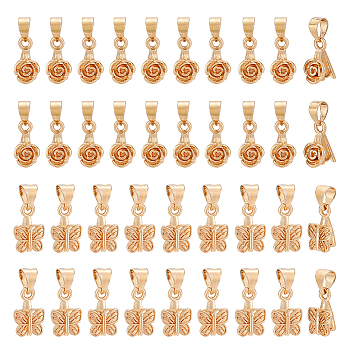 ARRICRAFT 40Pcs 2 Style Brass Ice Pick Pinch Bails, Rose & Butterfly, Real 14K Gold Plated, 11x7.5x5.5mm, Pin: 0.7mm and 11x6x7.5mm, Pin: 0.8mm, 20Pcs/style