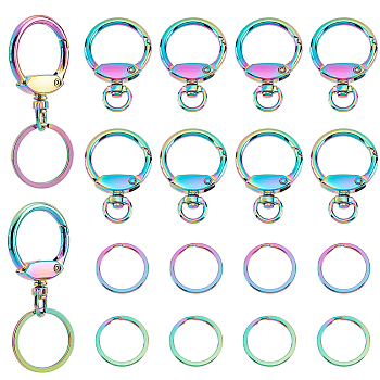 Elite 10Pcs Zinc Alloy Swivel Clasps, Keychain Swivel Snap Clasps, with 10Pcs Ion Plating(IP) 304 Stainless Steel Split Key Rings, Rainbow Color, Clasps: 43x29.5x6mm, Hole: 4.5x8.5mm; Key Rings: 25x2mm