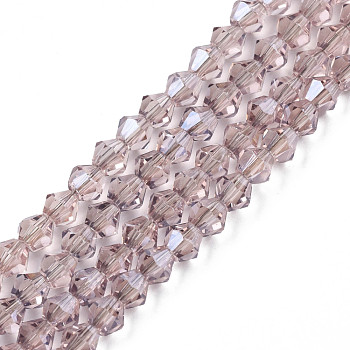 Electroplate Transparent Glass Beads Strands, Faceted, Bicone, Violet, 4x4.5mm, Hole: 0.9mm, about 84~109Pcs/strand, 12.6~21.26 inch(32~54cm)