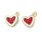 Brass Enamel Pendants, Watermelon Charms, Long-Lasting Plated, Rack Plating, Lead Free & Cadmium Free, Real 18K Gold Plated, Red, 10.5x15x5mm, Hole: 3mm(KK-H259-11B-G01)