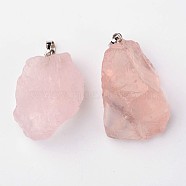 Natural Rose Quartz Pendants, Nuggets, with Brass Findings, Platinum, 26~42x20~26x14~22mm, Hole: 5x8mm(G-G884-A07)