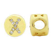 Brass Micro Pave Clear Cubic Zirconia Beads, Flat Round with Letter, Letter.X, 7.5x6.5mm, Hole: 3.5mm, 3pcs/bag(KK-T030-LA843-XX3)