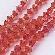Glass Beads Strands, AB Color Plated, Faceted, Bicone, Red, 4x4mm, Hole: 1mm, about 92~96pcs/strand, 13.78~14.37 inch(EGLA-S056-13)