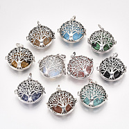 Alloy Cage Big Pendants, Hollow, with Natural/Synthetic Gemstone Beads, Flat Round with Tree, Antique Silver, 34.5x35x16mm, Hole: 8.5x3.5mm, Inner Diameter: 27.5mm, Bead: 24.5~25x5.5mm(G-S246-25)