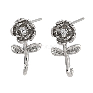Brass Micro Pave Cubic Zirconia Studs Earring Findings, Long-Lasting Plated, Lead Free & Cadmium Free, Flower, Platinum, 16.5x8mm, Hole: 1.6mm, Pin: 12x0.7mm(KK-K364-04P)