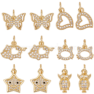 Fingerinspire 12Pcs 6 Style Brass Micro Pave Clear Cubic Zirconia Charms, Cadmium Free & Lead Free, Long-Lasting Plated, Mixed Shape, Golden, 9~13x7~14.5x1.5~2.5mm, Hole: 3mm, 2pcs/style(ZIRC-FG0001-04)