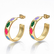 Brass Enamel Stud Earrings, Half Hoop Earrings, with Ear Nuts, Nickel Free, Ring with Hamsa Hand, Real 16K Gold Plated, Colorful, 23.5x6mm, Pin: 0.8mm(EJEW-T014-03G-NF)