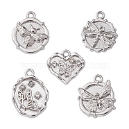 5Pcs 5 Styles Alloy Crystal Rhinestone Flat Round Pendants, Butterfly & Dragonfly & Bee, Antique Silver, 14~19.5x14~16x3~3.5mm, Hole: 1.5~1.6mm, 1Pc/style(FIND-YW0003-58)