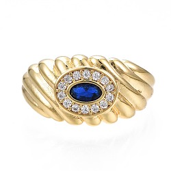 Cubic Zirconia Oval Chunky Open Cuff Ring for Women, Real 18K Gold Plated, Nickel Free, Dark Blue, US Size 6 3/4(17.1mm)(RJEW-N035-096A)