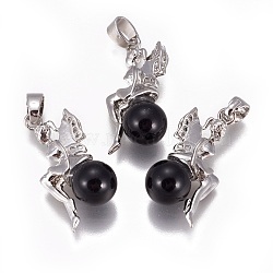Natural Obsidian Pendants, with Platinum Tone Brass Findings, Fairy, 25~26x12~13x8mm, Hole: 3.5x5.5mm(G-L512-E10)