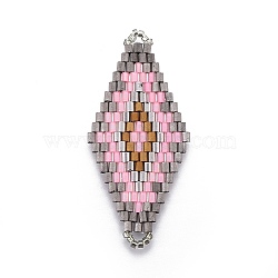 MIYUKI & TOHO Handmade Japanese Seed Beads Links, Loom Pattern, Rhombus, Pink, 43~44.1x19.4~20.2x1.6~1.8mm, Hole: 1.6~1.8mm(SEED-E004-L27)