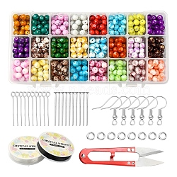 DIY Glass Beads Jewelry Set Making Kit, Including Round Drawbench & Spray Painted & Baking Painted Glass Beads, Brass Earring Hooks & Jump Rings, Iron Pins, Elastic Thread, Scissors, Mixed Color, Glass Beads: 8mm, Hole: 1.3~1.6mm, 720Pcs/set(DIY-YW0005-48)