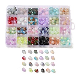 288Pcs 24 Colors Transparent Crackle Glass Beads, Round, Mixed Color, 10~10.8x9~9.5mm, Hole: 1.6~2mm, 12Pcs/color(GLAA-D013-04)