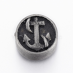 304 Stainless Steel Beads, Flat Round with Anchor and Helm, Antique Silver, 10.5x5mm, Hole: 2mm(STAS-A033-002AS)