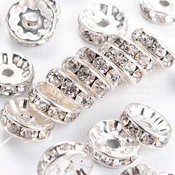 Brass Rhinestone Spacer Beads, Grade A, Straight Flange, Silver Color Plated, Rondelle, Crystal, 10x4mm, Hole: 2mm(RB-A014-Z10mm-01S)