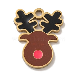 Christmas Theme 304 Stainless Steel Pendants, with Enamel, Real 14K Gold Plated, Deer, 12.5x10x1mm, Hole: 1mm(STAS-Z093-08I)