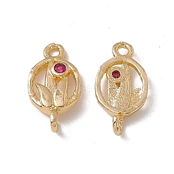 Brass Connector Charms, with Cerise Glass, Oval Links with Leaf, Real 18K Gold Plated, 13x6.5x2mm, Hole: 1.2mm(KK-A171-24G)