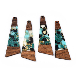 Transparent Resin & Walnut Wood Big Pendants, with Gold Foil, Trapezoid Charms, Turquoise, 57.5x19.5x3mm, Hole: 2mm(RESI-TAC0017-71-A02)