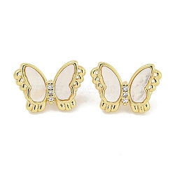 Brass Pave Clear Cubic Zirconia Butterfly Connector Charms with Sea Shell, Real 18K Gold Plated, 8.5x12x4mm, Hole: 1.4mm(KK-Q820-13G)