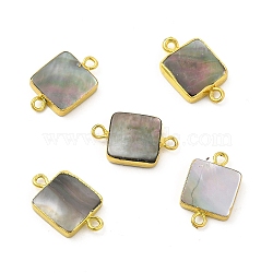 Naturral Black Lip Shell Connector Charms, with Brass Double Loops, Square Links, Golden, 19~20x12~13x3~4mm, Hole: 1.8mm(PEAR-P004-48G)