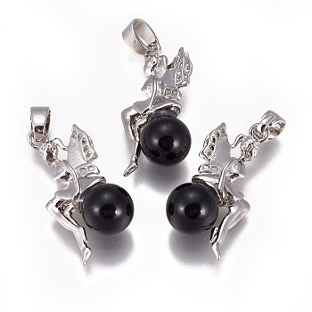 Natural Obsidian Pendants, with Platinum Tone Brass Findings, Fairy, 25~26x12~13x8mm, Hole: 3.5x5.5mm