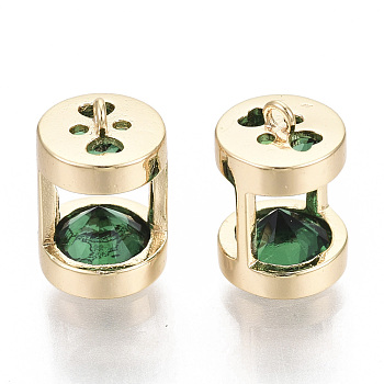 Brass Cubic Zirconia Charms, Sand Clock , Real 18K Gold Plated, Nickel Free, Green, 10.5x7mm, Hole: 1mm