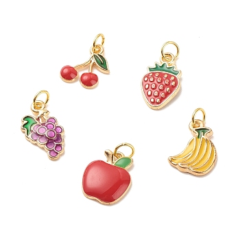 Alloy Enamel Pendants, with Jump Rings, Light Gold, Banana & Apple & Strawberry, Mixed Color, 13~17x9~12x2~2.5mm
