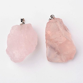 Natural Rose Quartz Pendants, Nuggets, with Brass Findings, Platinum, 26~42x20~26x14~22mm, Hole: 5x8mm