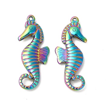 Ion Plating(IP) 304 Stainless Steel Pendants, Sea Horse Shape Charms, Rainbow Color, 30x12x3.5mm, Hole: 1mm