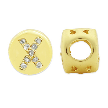 Brass Micro Pave Clear Cubic Zirconia Beads, Flat Round with Letter, Letter.X, 7.5x6.5mm, Hole: 3.5mm, 3pcs/bag