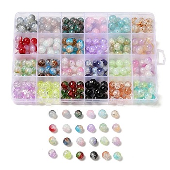 288Pcs 24 Colors Transparent Crackle Glass Beads, Round, Mixed Color, 10~10.8x9~9.5mm, Hole: 1.6~2mm, 12Pcs/color