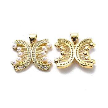 Brass Clear Cubic Zirconia Pendants, with ABS Plastic Imitation Pearl, Butterfly Charm, Real 18K Gold Plated, 17x20.5x3.5mm, Hole: 3.5x4.5mm