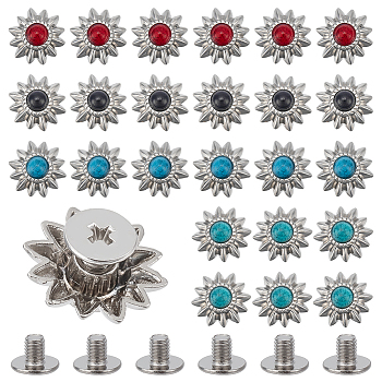 WADORN 24 Sets 4 Colors Zinc Alloy Buttons, with Synthetic Turquoise and Iron Screws, for Purse, Bags, Leather Crafts Decoration, Chrysanthemum, Mixed Color, 13x6mm, Hole: 2.5mm, 6 sets/color