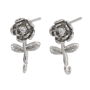 Brass Micro Pave Cubic Zirconia Studs Earring Findings, Long-Lasting Plated, Lead Free & Cadmium Free, Flower, Platinum, 16.5x8mm, Hole: 1.6mm, Pin: 12x0.7mm