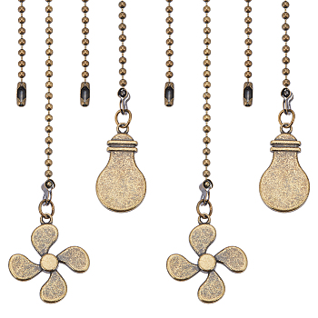 2 Sets Alloy Ceiling Fan Pull Chain Extenders, with Iron Ball Chains, Fan & Bulb Pendant, Antique Bronze, 349~354x3mm, 2pcs/set