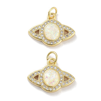 Brass Micro Pave Clear Cubic Zirconia Pendants, with Synthetic Opal and Jump Rings, Real 18K Gold Plated, Planet Charms, White, 13.5x18.5x3.5mm, Hole: 3mm