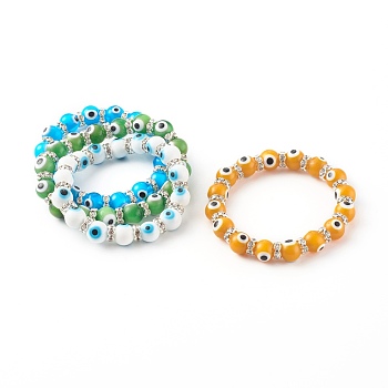 Round Evil Eye Lampwork Beaded Stretch Bracelets, with Brass Rhinestone Beads, Silver Color Plated, Mixed Color, Inner Diameter: 2-1/8 inch(5.3cm)