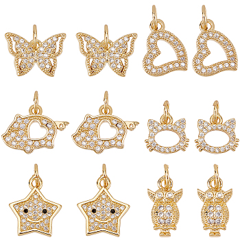 Fingerinspire 12Pcs 6 Style Brass Micro Pave Clear Cubic Zirconia Charms, Cadmium Free & Lead Free, Long-Lasting Plated, Mixed Shape, Golden, 9~13x7~14.5x1.5~2.5mm, Hole: 3mm, 2pcs/style