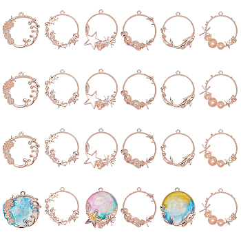 OLYCRAFT Alloy Open Back Bezel Pendants, For DIY UV Resin, Epoxy Resin, Pressed Flower Jewelry, Ocean Style, Ring, Rose Gold, 36~44x34~41mm, Hole: 3mm, 24pcs/box