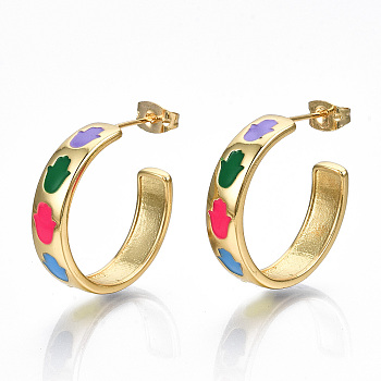 Brass Enamel Stud Earrings, Half Hoop Earrings, with Ear Nuts, Nickel Free, Ring with Hamsa Hand, Real 16K Gold Plated, Colorful, 23.5x6mm, Pin: 0.8mm