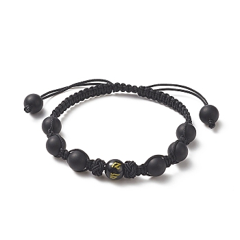 Natural Black Agate(Dyed) Round Braided Bead Bracelet, Ohm/Aum Adjustable Bracelet for Women, Inner Diameter: 2-1/8 inch(5.5cm)