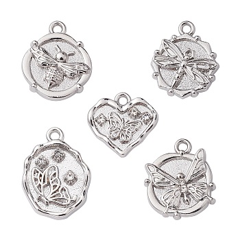 5Pcs 5 Styles Alloy Crystal Rhinestone Flat Round Pendants, Butterfly & Dragonfly & Bee, Antique Silver, 14~19.5x14~16x3~3.5mm, Hole: 1.5~1.6mm, 1Pc/style