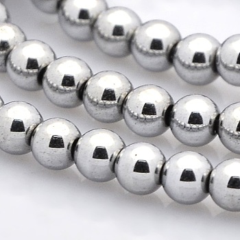 Round Non-magnetic Synthetic Hematite Beads Strands, Silver Plated, 4mm, Hole: 1mm, about 100pcs/strand, 15.7 inch