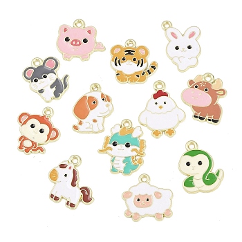 Alloy Enamel Pendants, Twelve Chinese Zodiac Shape, Light Gold, Mixed Color, 17.5~23x15~19x1mm, Hole: 1.8mm